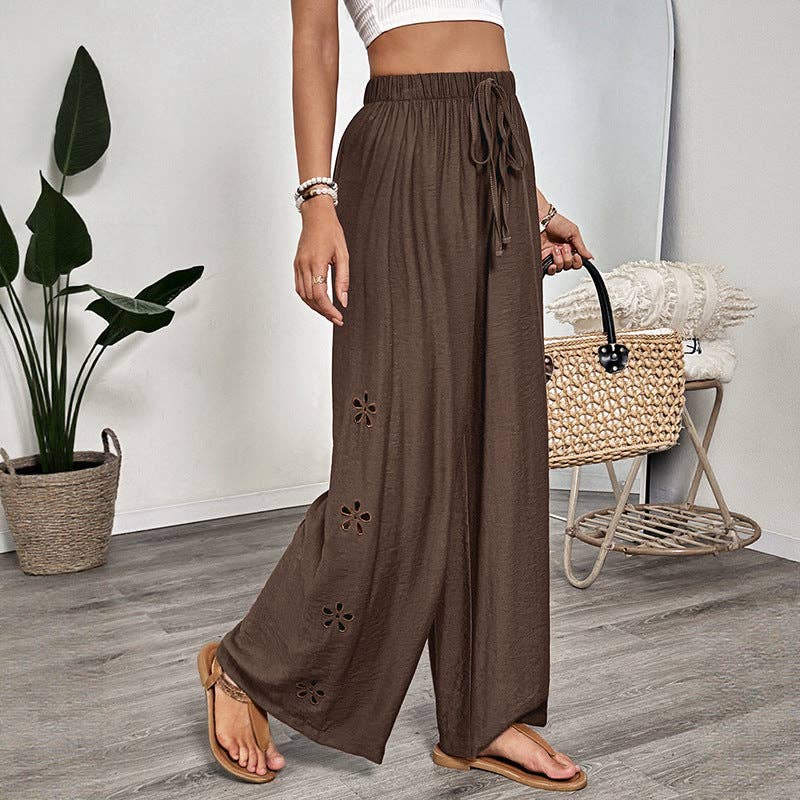 Casual Flowy Embroidered Wide Leg Pants for Women: Brown / "88%viscose 12%polyamide" / L