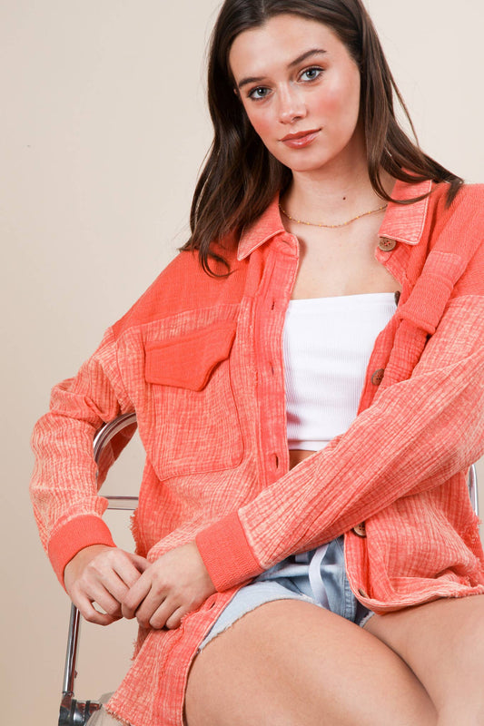 NJ90360-Mineral Washed Oversized Gauze Shacket Jacket: DENIM / S-M-L/2-2-2