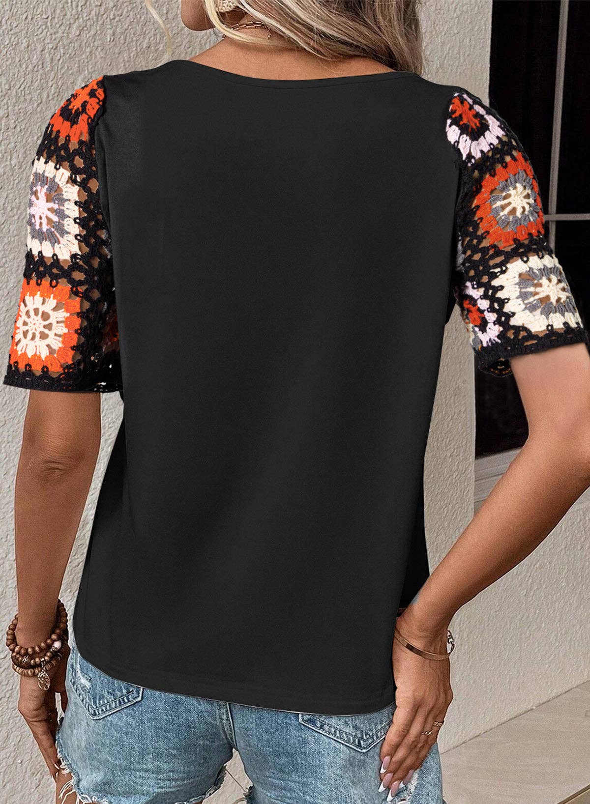 Casual Round Neck Half Sleeve Top Floral Crochet T Shirt: White / 95%Polyester+5%Elastane / S
