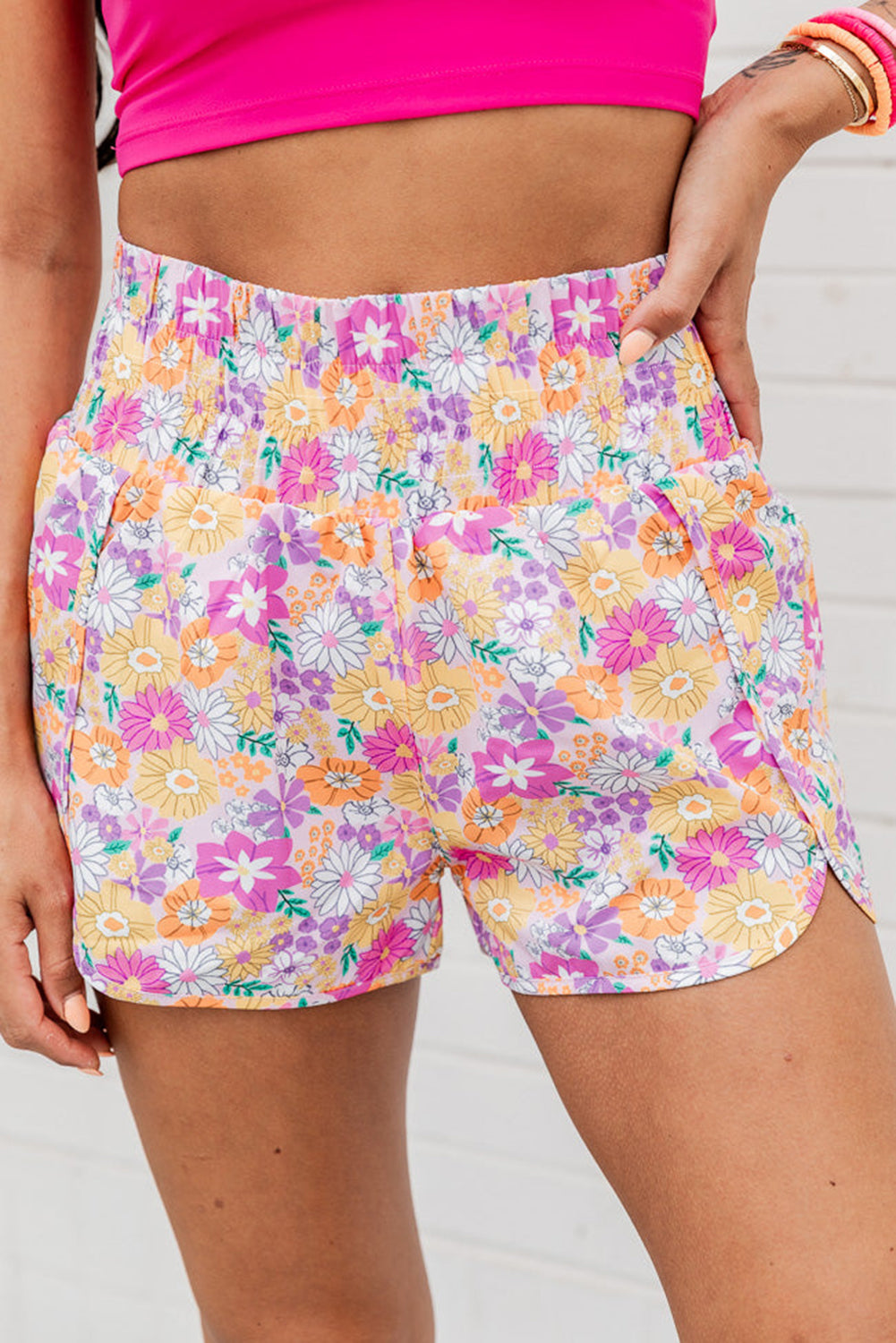 Orange Retro Floral Shirred High Waist Athletic Shorts