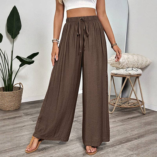 Casual Flowy Embroidered Wide Leg Pants for Women: Brown / "88%viscose 12%polyamide" / L
