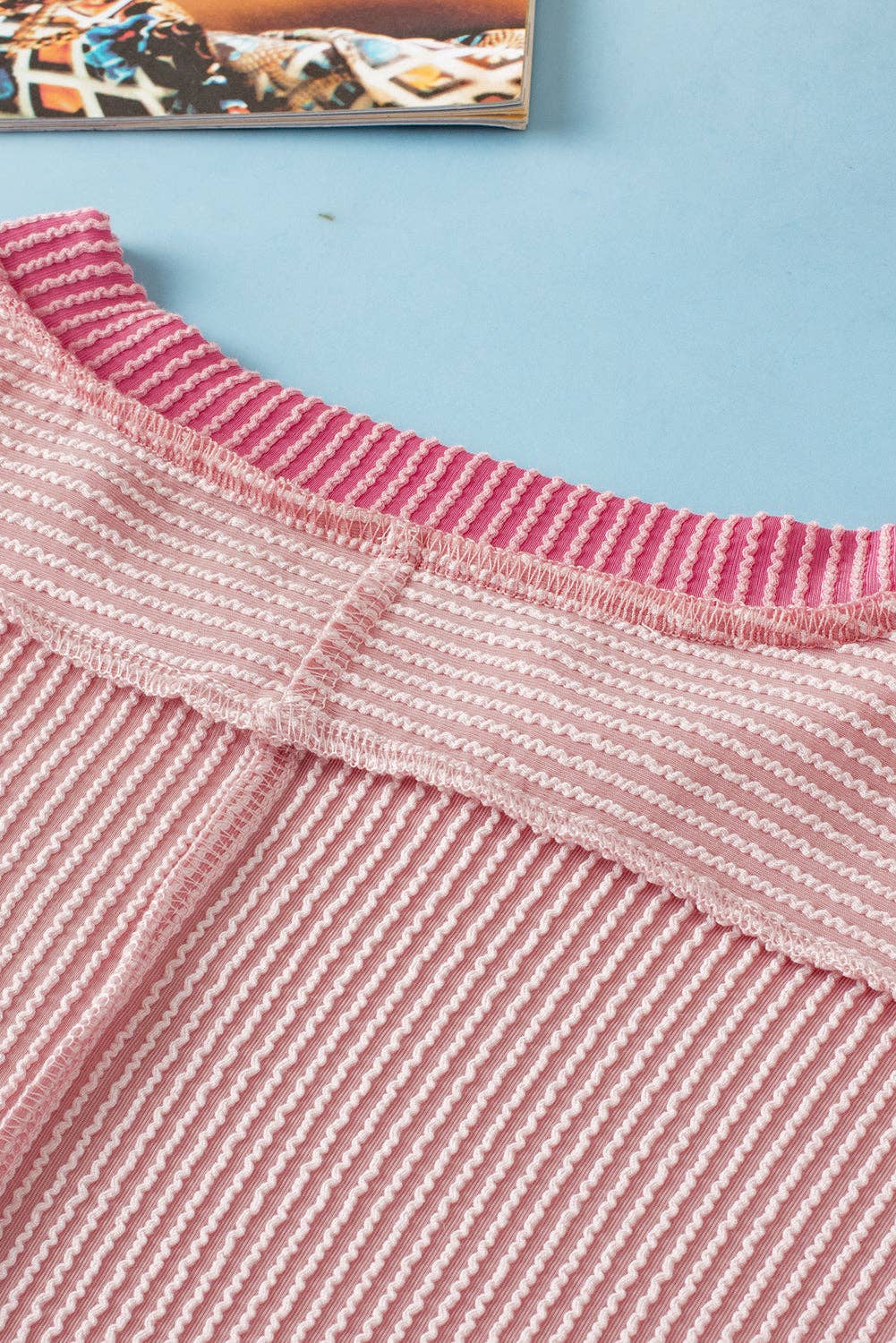 Textured Contrast Trim Round Neck T Shirt: Bright Pink / 75%Polyester+20%Viscose+5%Elastane / XL