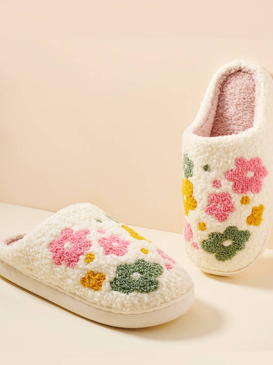 Flower Fuzzy Fleece Soft Slipper: IVORY / ONE