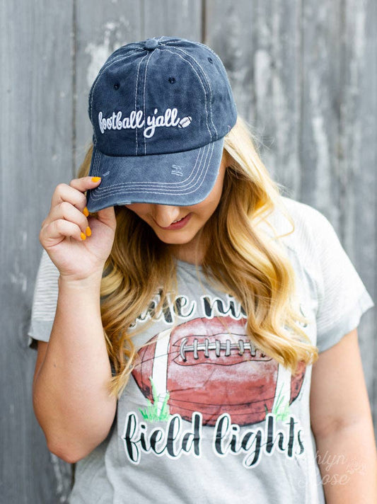 White Football Y'all Embroidery on Navy Hat: Blue / One Size