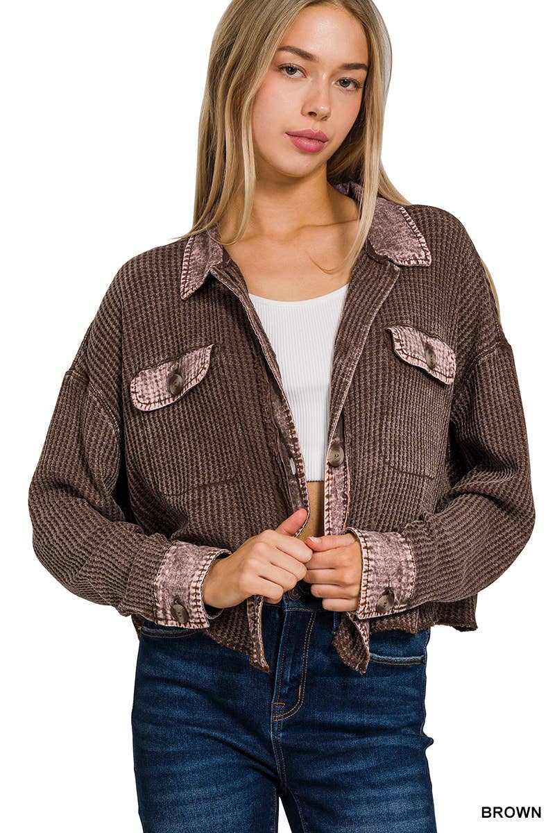 .0704 Acid Wash Oversized Cotton Waffle Cropped Shacket SI-25343: ASH BLACK-160225 / S/M