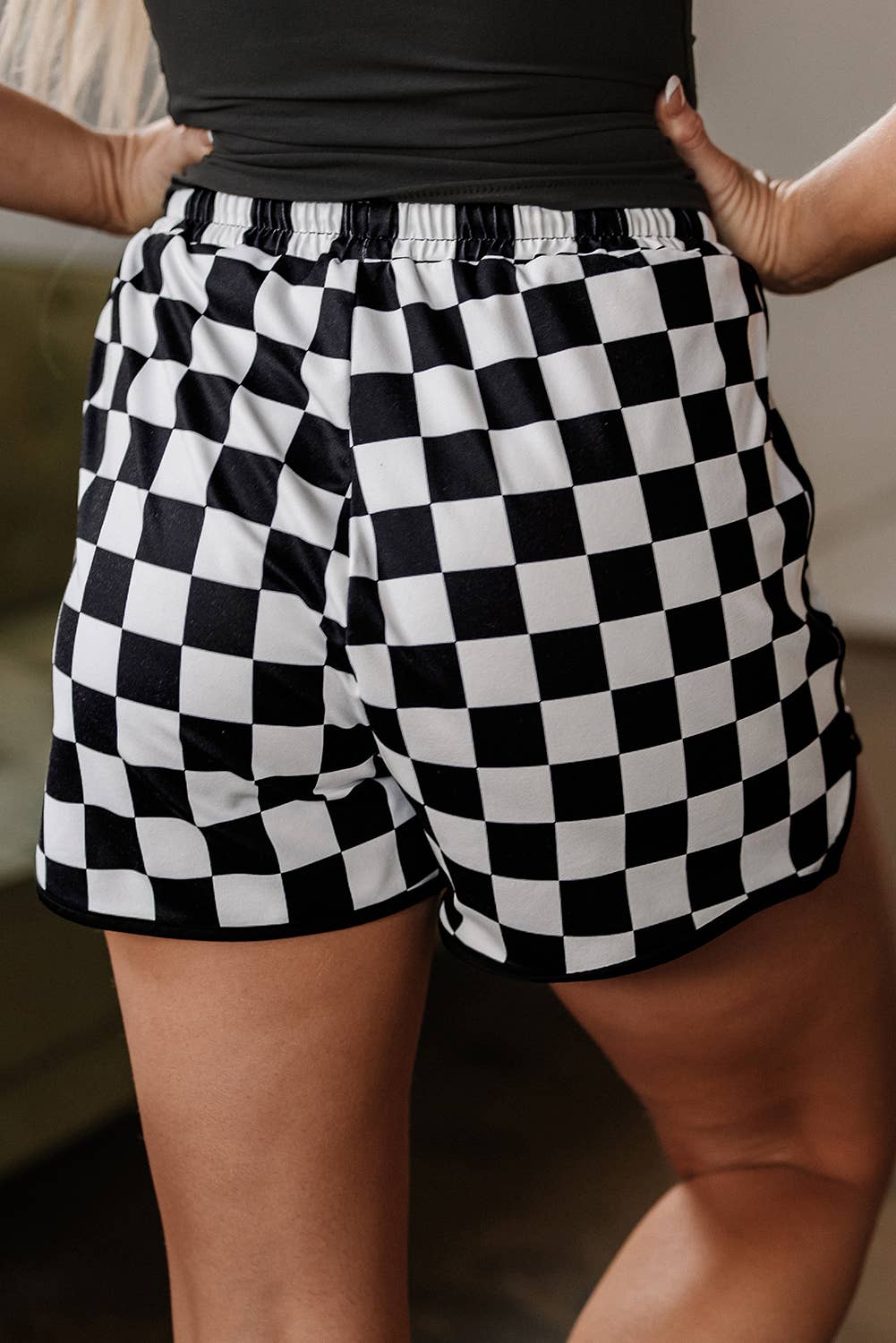 Checkered Drawstring Elastic Waist Casual Shorts: Black / 2XL