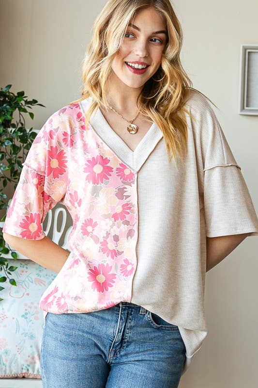 ET7547-12 SOLID AND FLORAL TOP: PEACH / 2-2-2 (S-M-L)