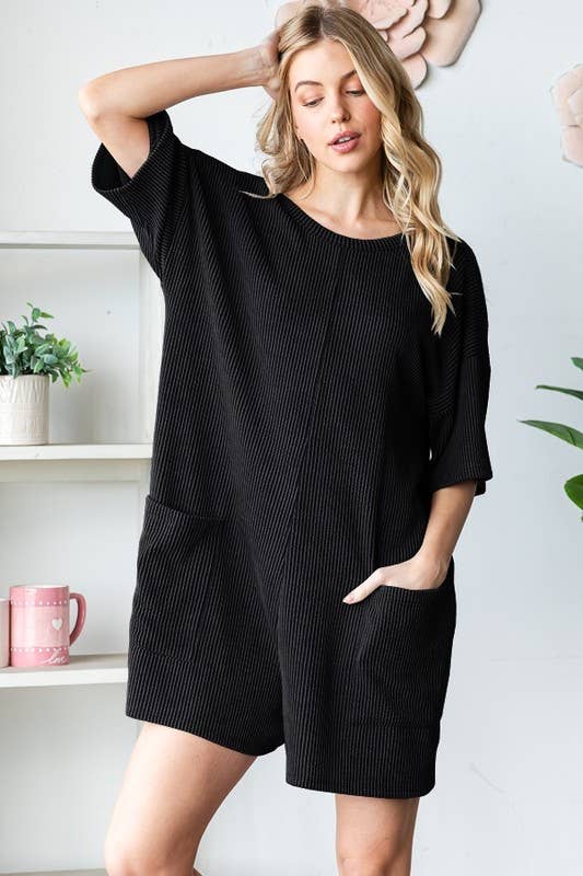 EP6832-10 SHORT SLEEVE SOLID URBAN RIBBED ROMPER: DENIM VINTAGE / 2-2-2 (1X-2X-3X)