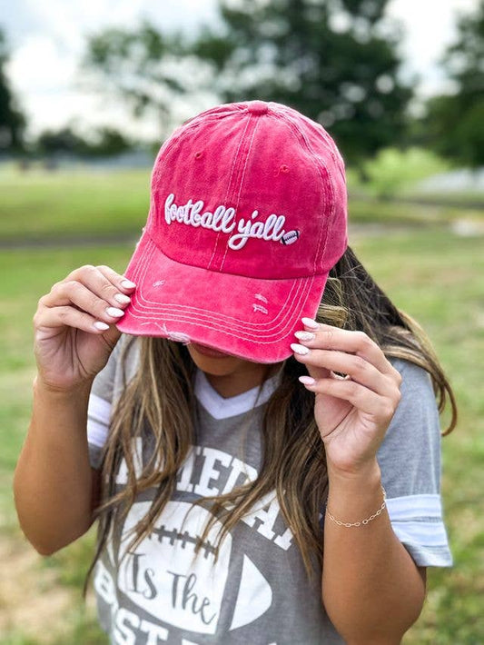 White Football Y'all Embroidery on Bright Red Hat: RED / One Size