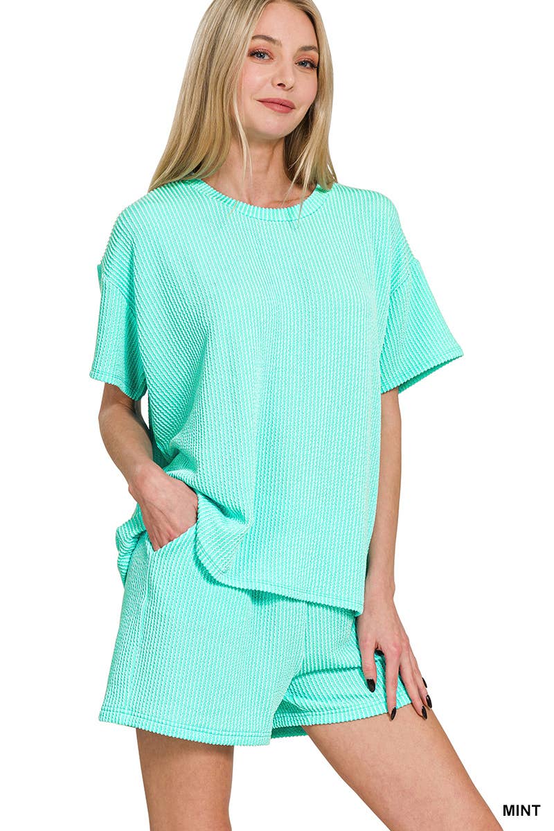 `.Corded Rib Short Sleeve Tee & Short Pants 2PC Set: DUSTY BLUE-183672 / XL