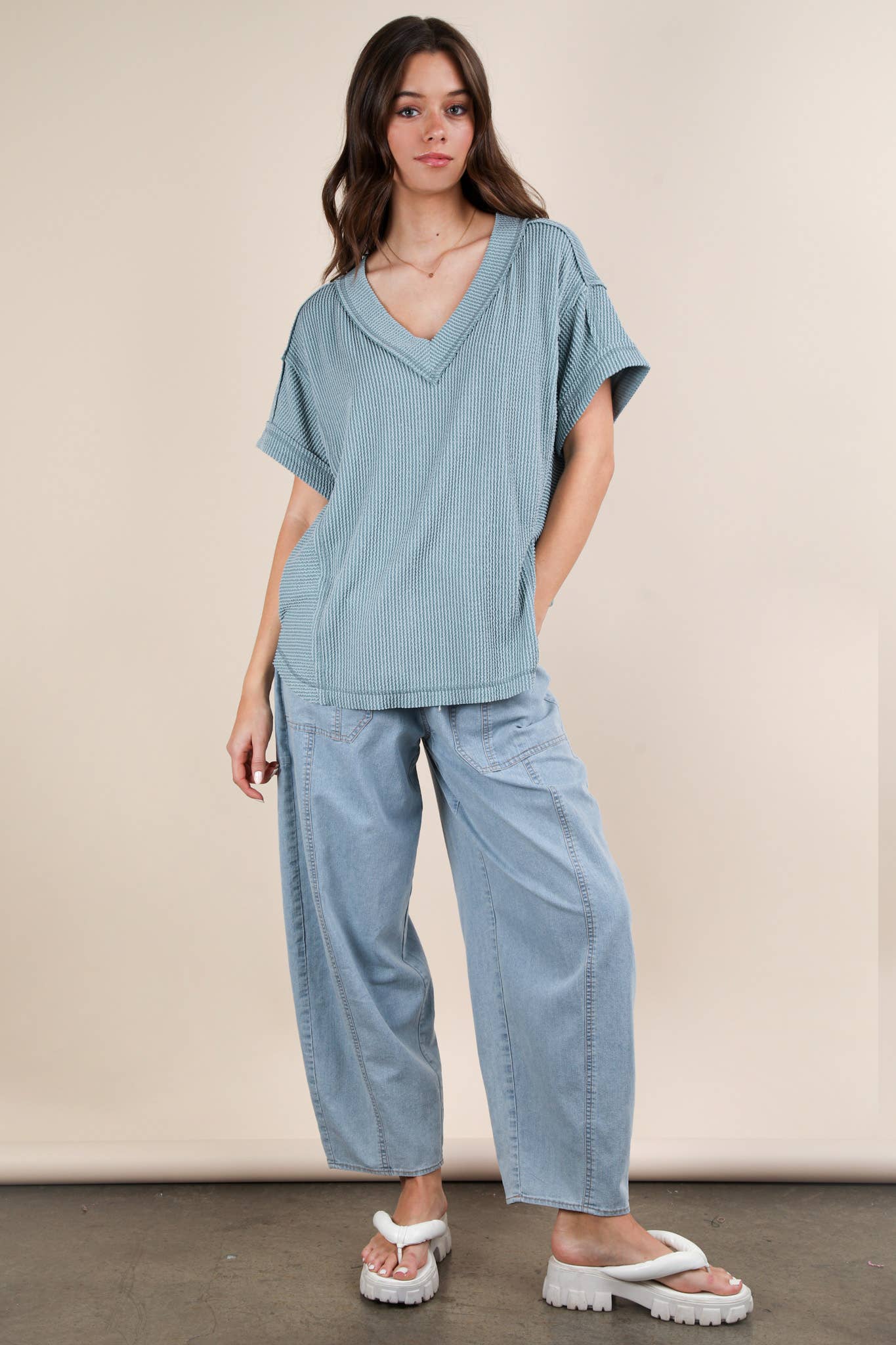NT12075X-PLUS SIZE Soft Two Tone Casual Comfy Ribbed Knit To: PINK / 1XL-2XL-3XL/3-2-1