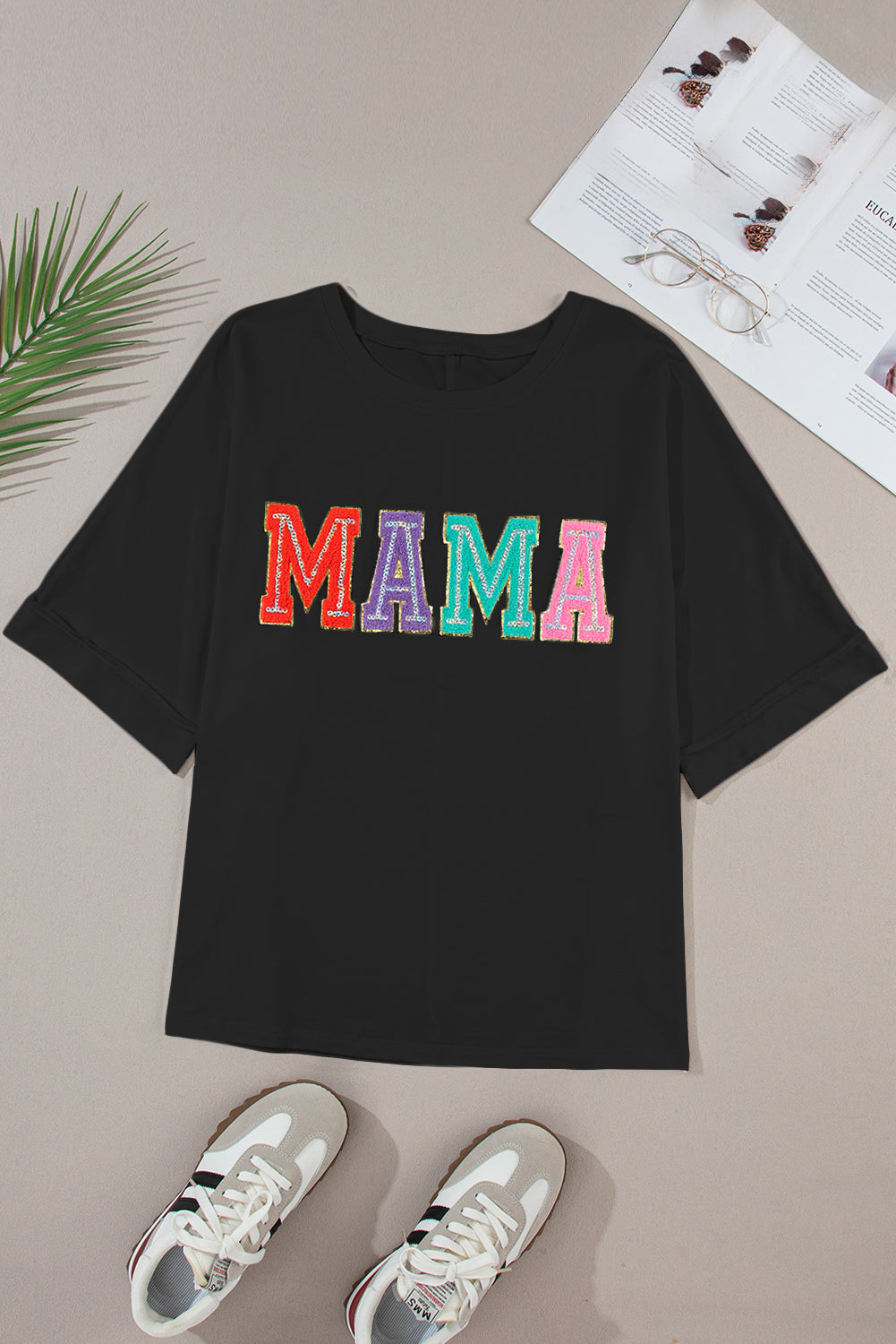 White MAMA Chenille Patched Crew Neck T Shirt