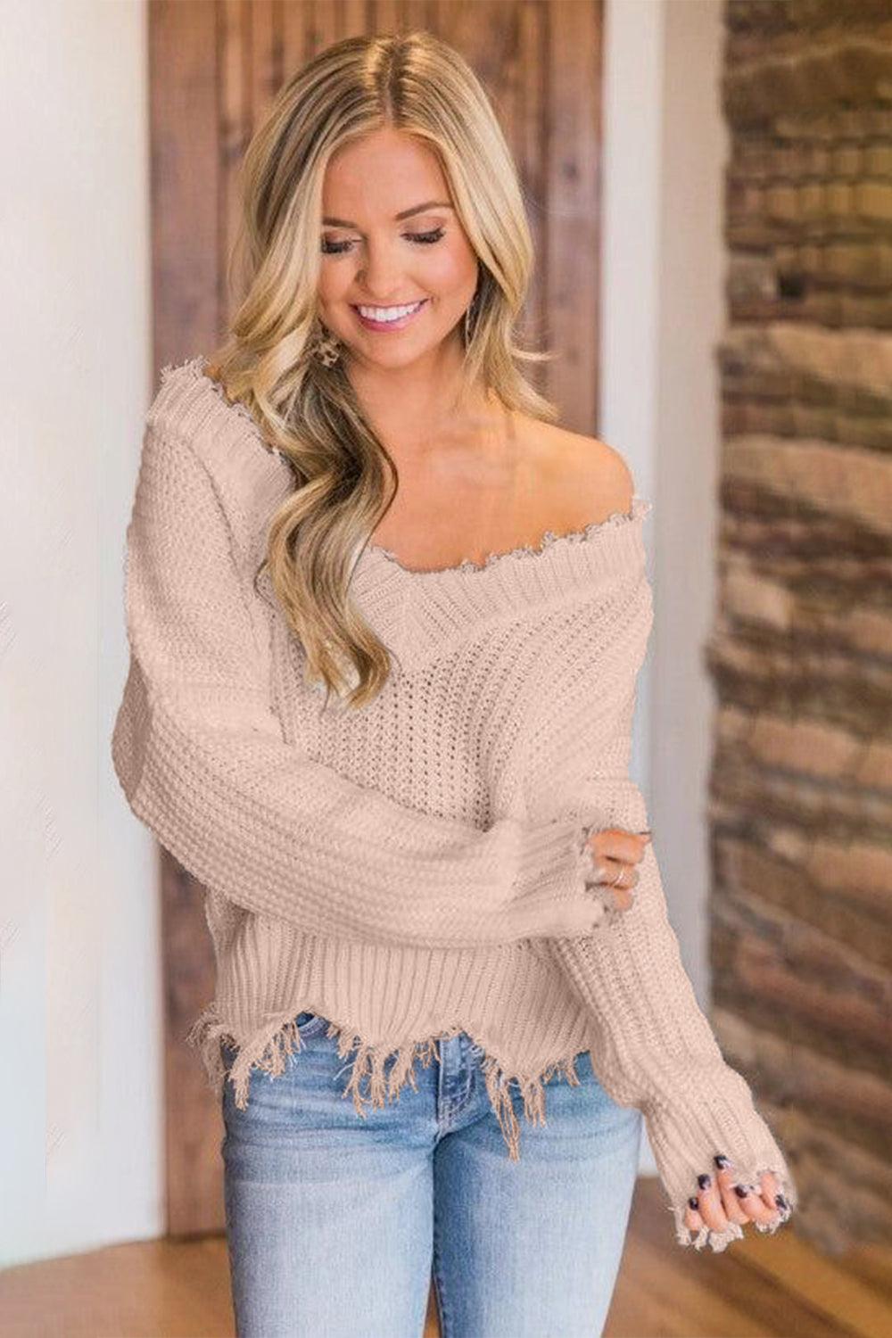 Frayed Hem Dropped Shoulder Sweater