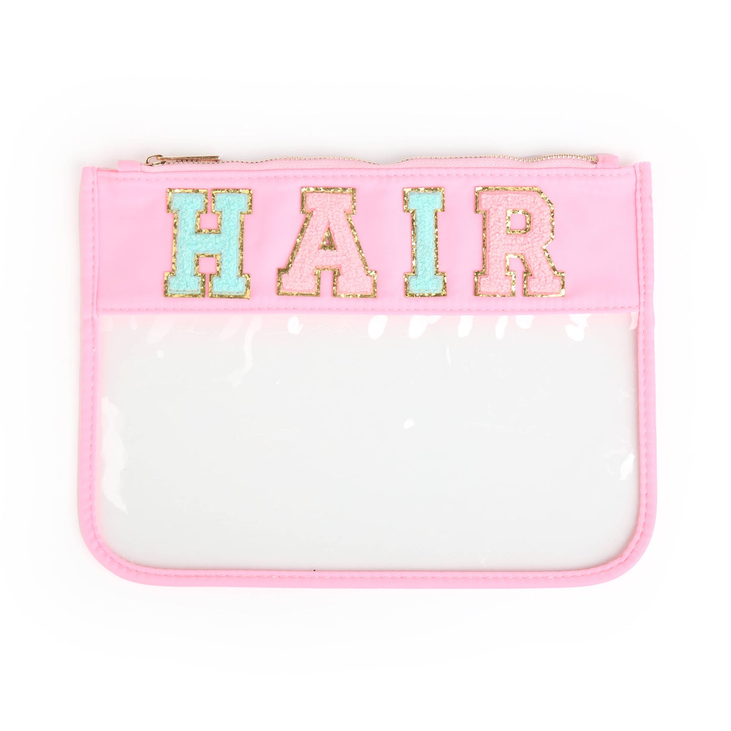 Varsity Letter Patch Clear Zippered Pouch Bag: Pink with STUFF