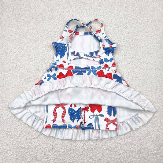 Baby Girls Strap Blue Red Bows 4th Of July Yoga Active Knee Length Dresses: 4T