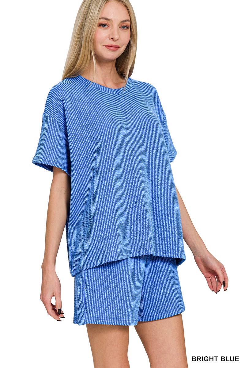 `.Corded Rib Short Sleeve Tee & Short Pants 2PC Set: DUSTY BLUE-183672 / XL