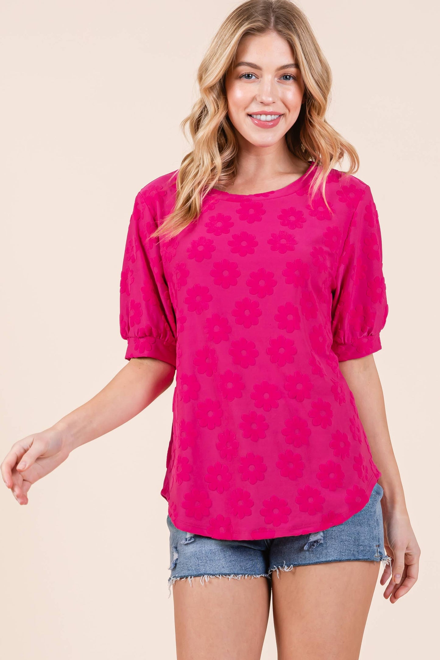 TA2174 Daisy Embroidered Puff Sleeve Top: Cream / Solid / L