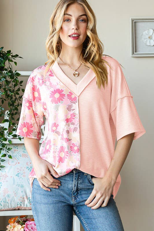 ET7547-12 SOLID AND FLORAL TOP: PEACH / 2-2-2 (1X-2X-3X)