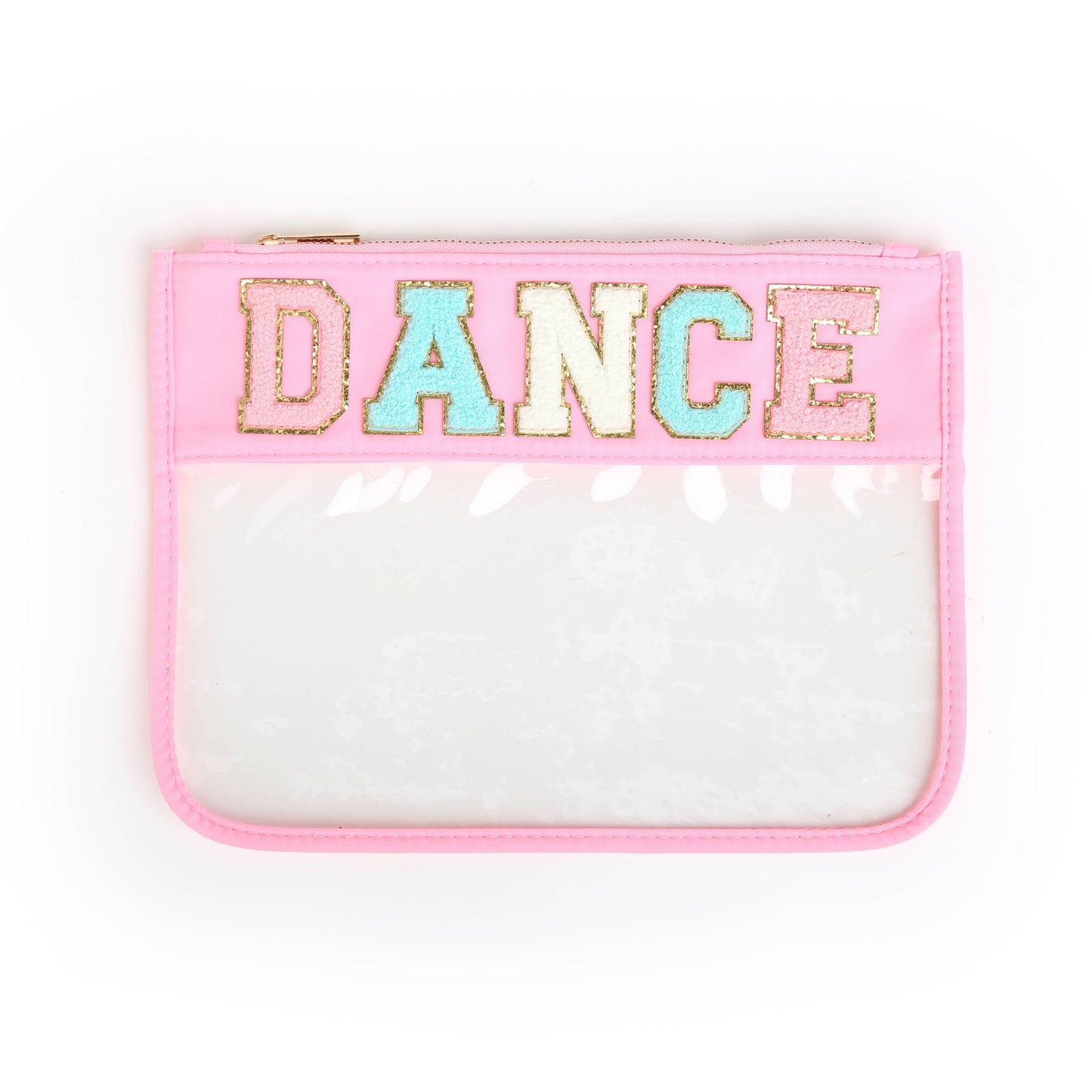 Varsity Letter Patch Clear Zippered Pouch Bag: White with TRAVEL
