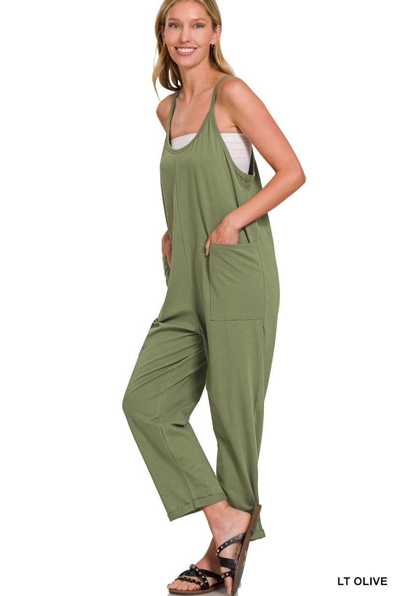 `.Spaghetti Strap Pocketed Jumpsuit: BROWN-181983 / L/XL