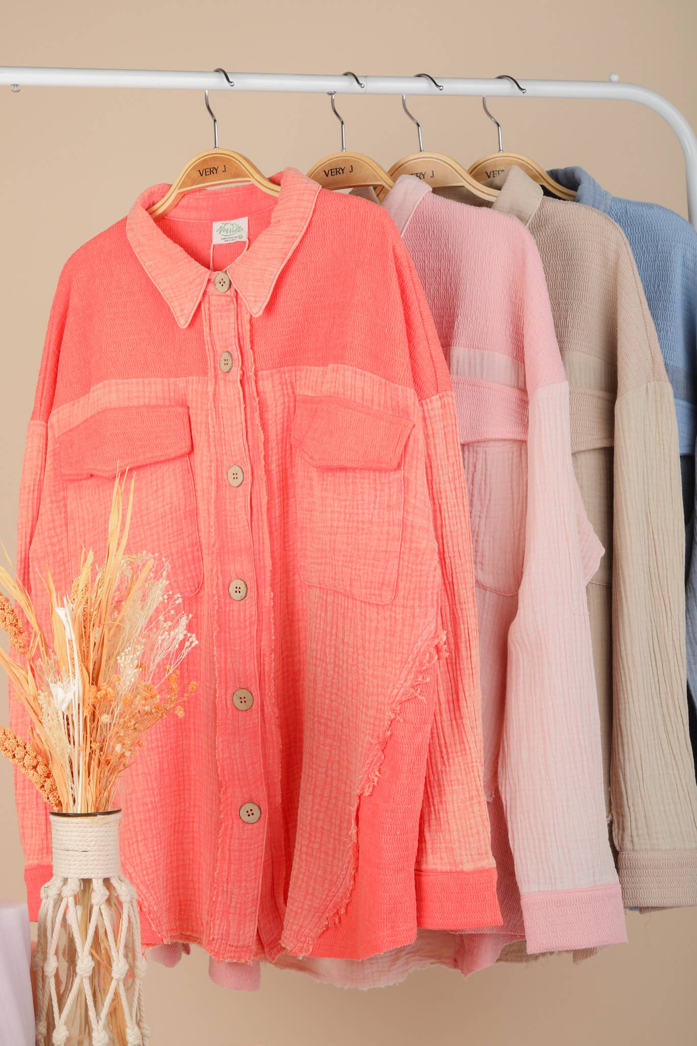 NJ90360-Mineral Washed Oversized Gauze Shacket Jacket: DENIM / S-M-L/2-2-2