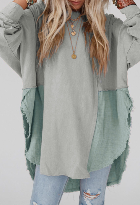 Crinkle Splicing Raw Hem High Low Oversized Blouse: Orange / 80%Polyester+20%Cotton / S