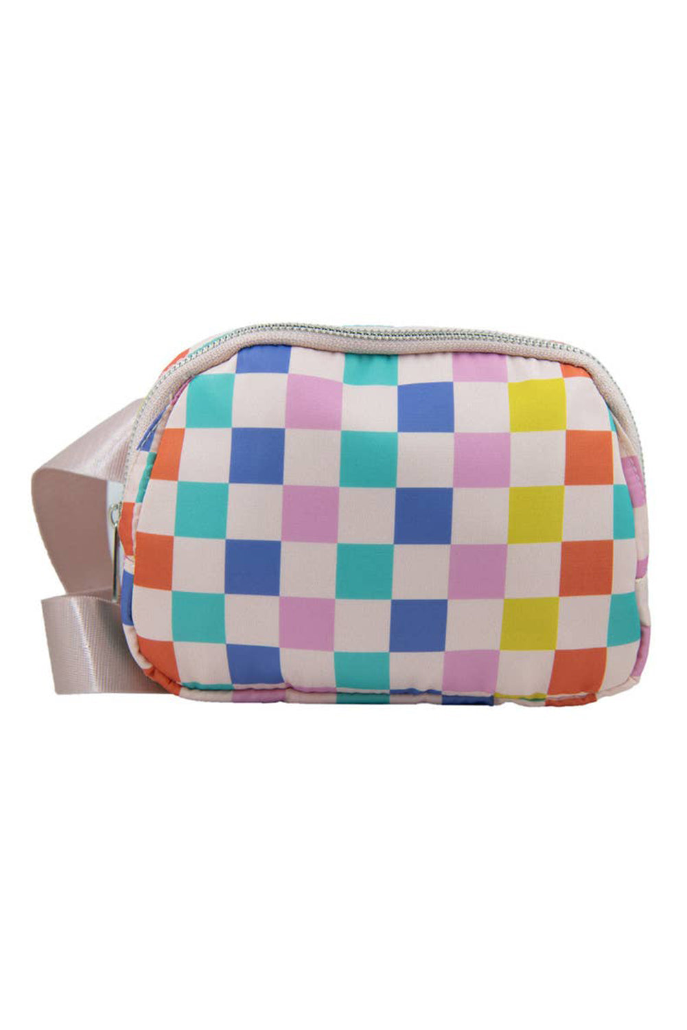 Pink Checkered Zipper Buckle Strap Crossbody Bag