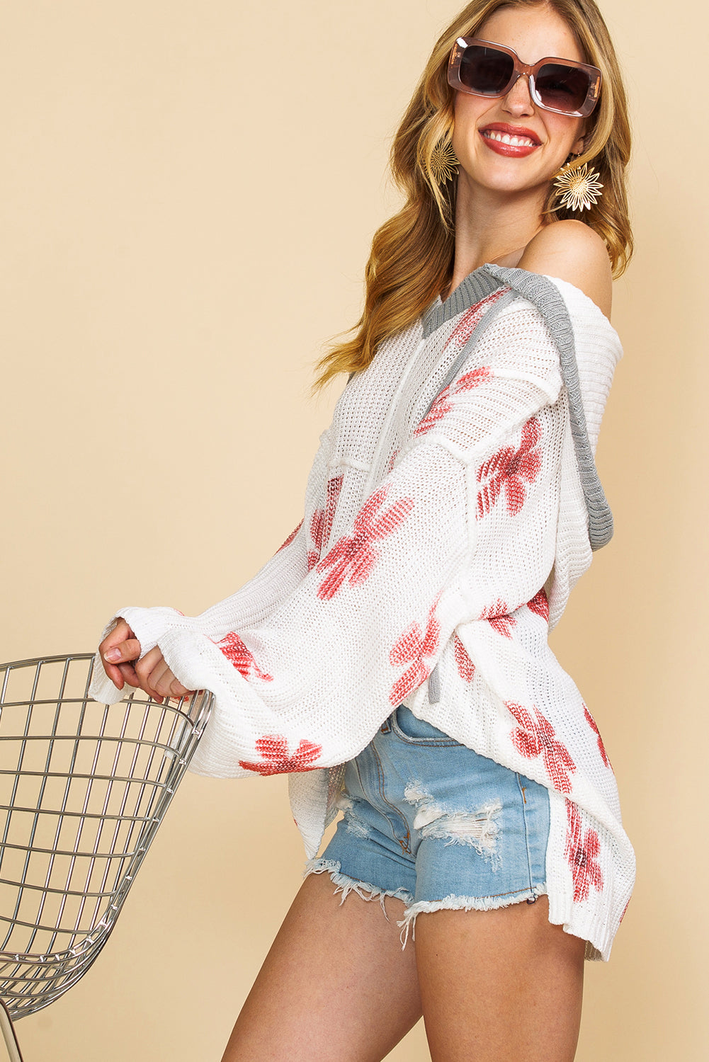 Wholesale White 60s Floral Print Oversized Knit Hooded Sweater