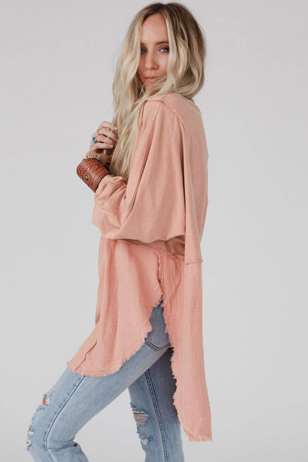 Crinkle Splicing Raw Hem High Low Oversized Blouse: Orange / 80%Polyester+20%Cotton / L