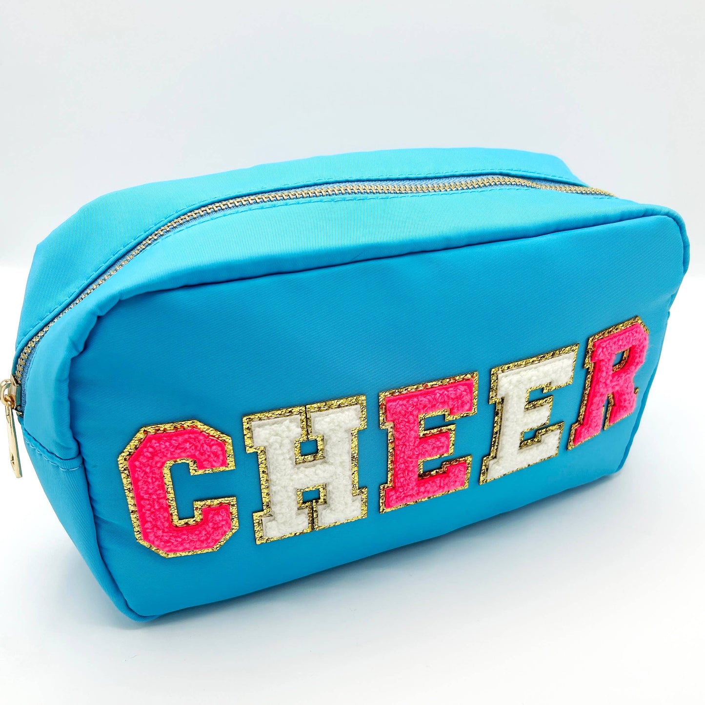 Cosmetic or Toiletry Bag with Varsity Letter Patches: Dark Pink with 3 smile patches