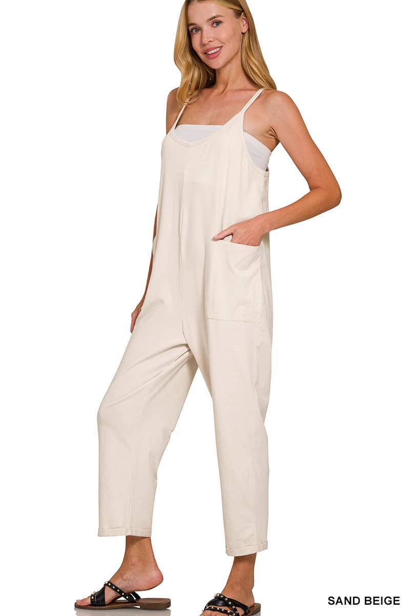 `.Spaghetti Strap Pocketed Jumpsuit: BROWN-181983 / L/XL