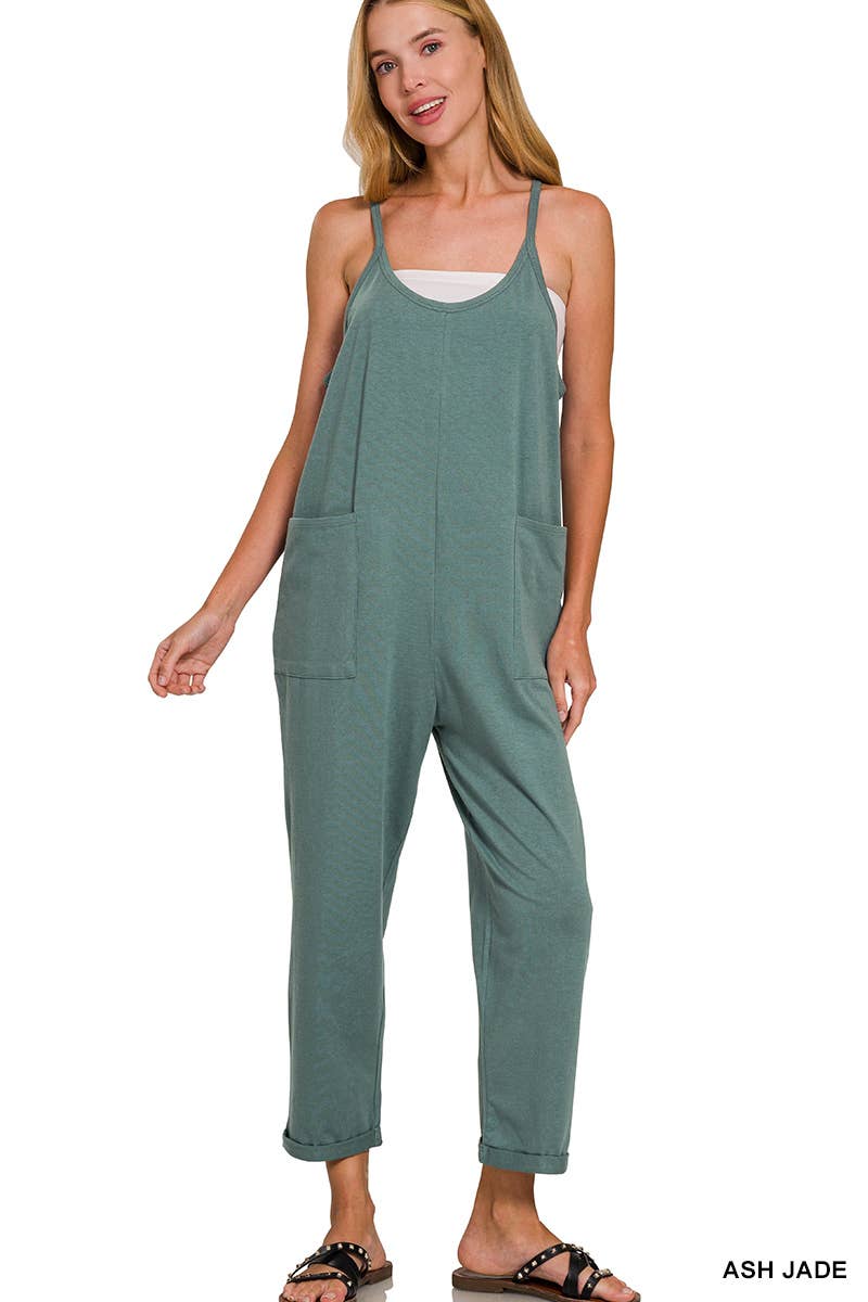 `.Spaghetti Strap Pocketed Jumpsuit: BROWN-181983 / S/M