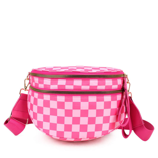 Paulina Nylon Waterproof Multi-Compartment 10" Crossbody Bag: Hot Pink Checker