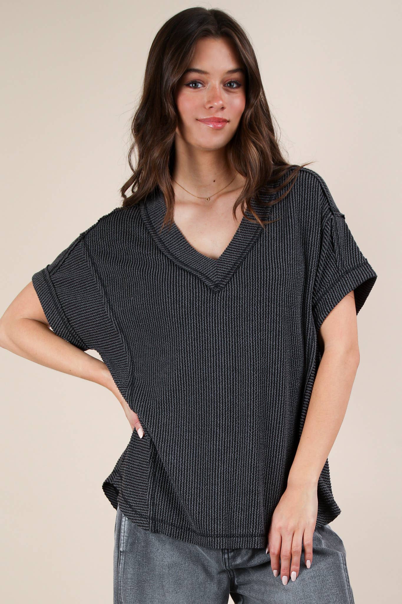NT12075X-PLUS SIZE Soft Two Tone Casual Comfy Ribbed Knit To: PINK / 1XL-2XL-3XL/3-2-1