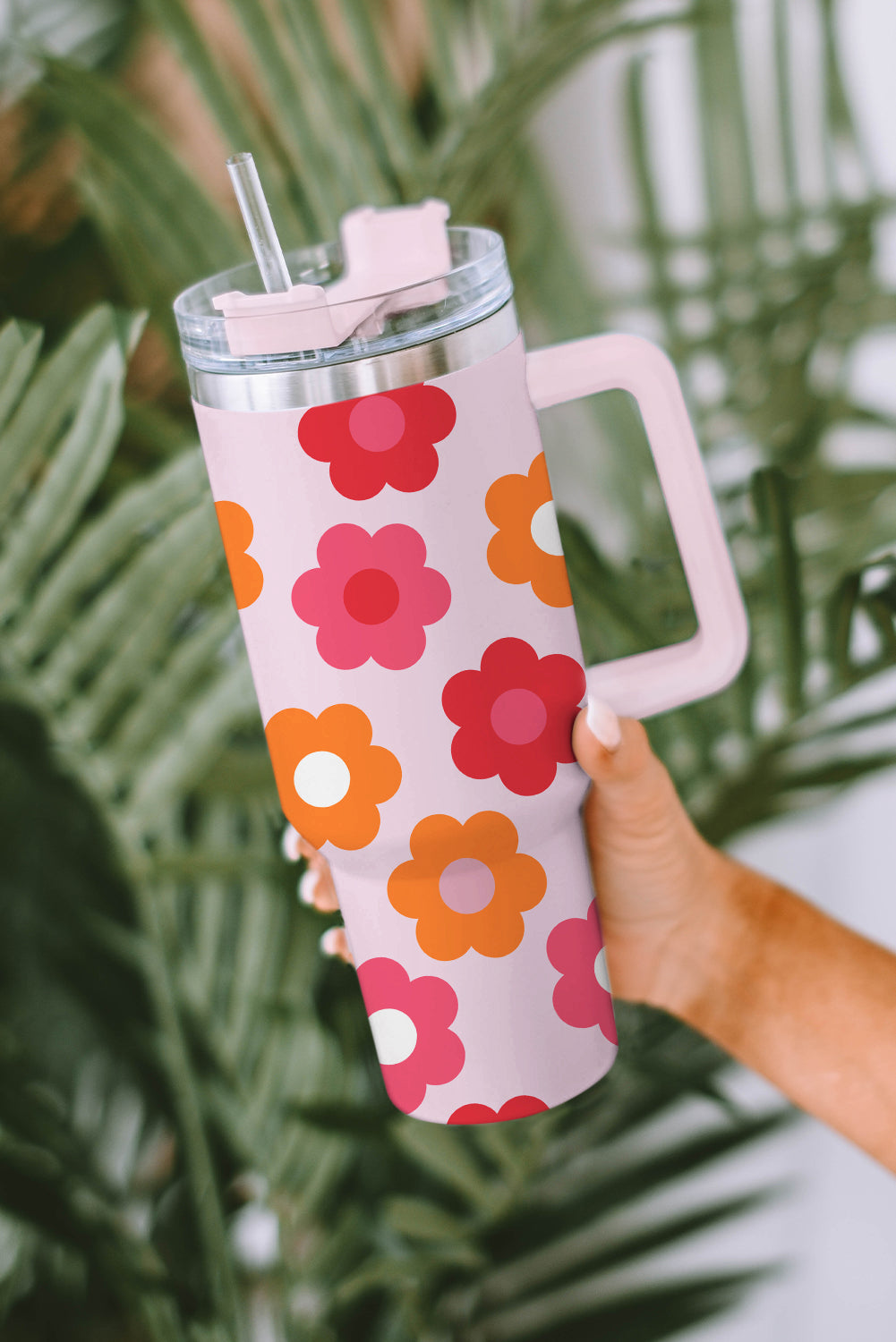 Multicolor 60s Flower Print Handled Stainless Steel Tumbler