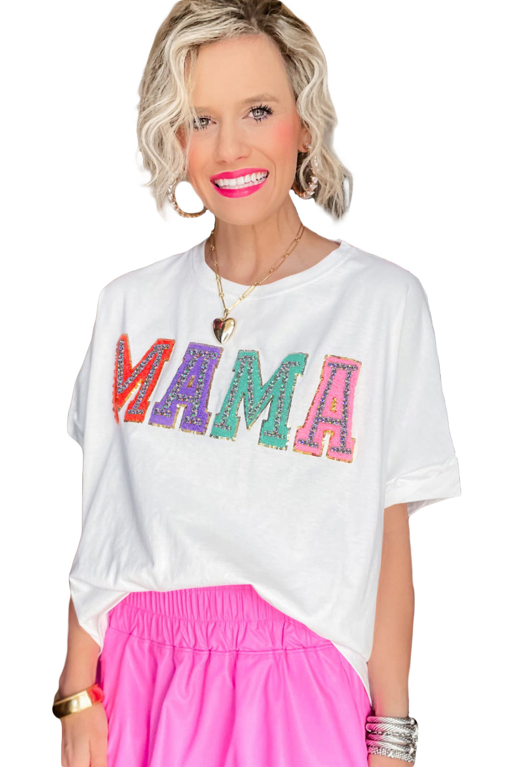 White MAMA Chenille Patched Crew Neck T Shirt