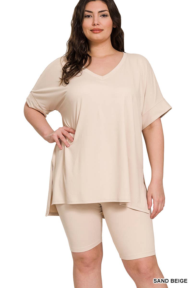 SI-19985 Plus size Hi Low Hem Top & Biker Shorts 2pc Set: +ASHGREY-139919 / 1X