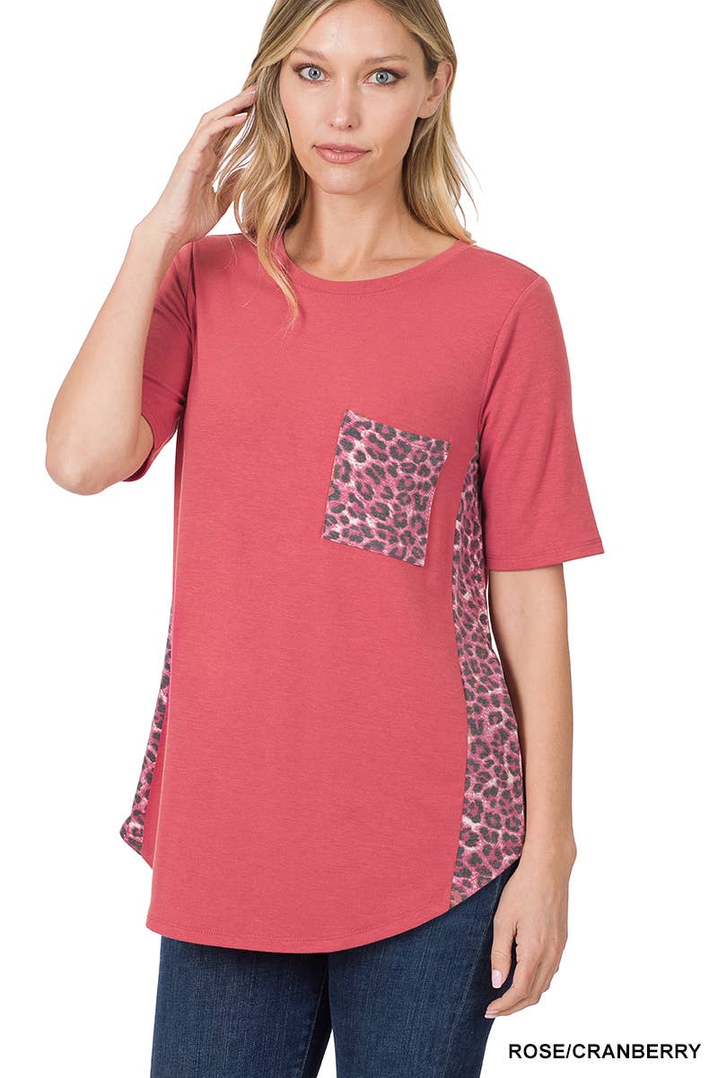 Contrast Side Panel Leopard Front Pocket Top: ASH MOCHA/BROWN / 1-1-2-2 (S-M-L-XL)
