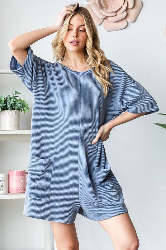 EP6832-10 SHORT SLEEVE SOLID URBAN RIBBED ROMPER: DENIM VINTAGE / 2-2-2 (S-M-L)