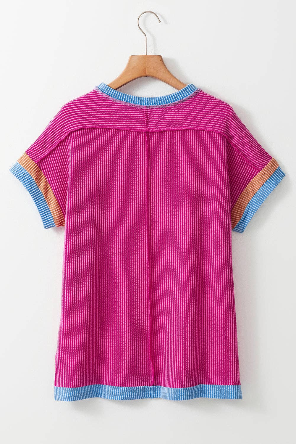 Textured Contrast Trim Round Neck T Shirt: Bright Pink / 75%Polyester+20%Viscose+5%Elastane / XL