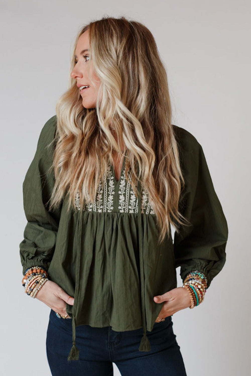 Wholesale Green Embroidered Split Neck Pleated Loose Blouse