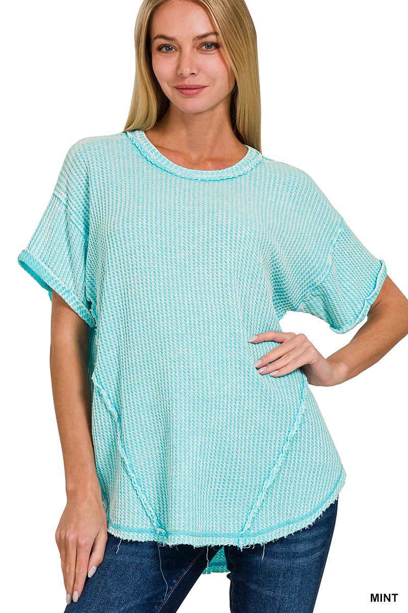 `.Washed Baby Waffle Top w/ back patch: DEEP SKY-162396 / L/XL