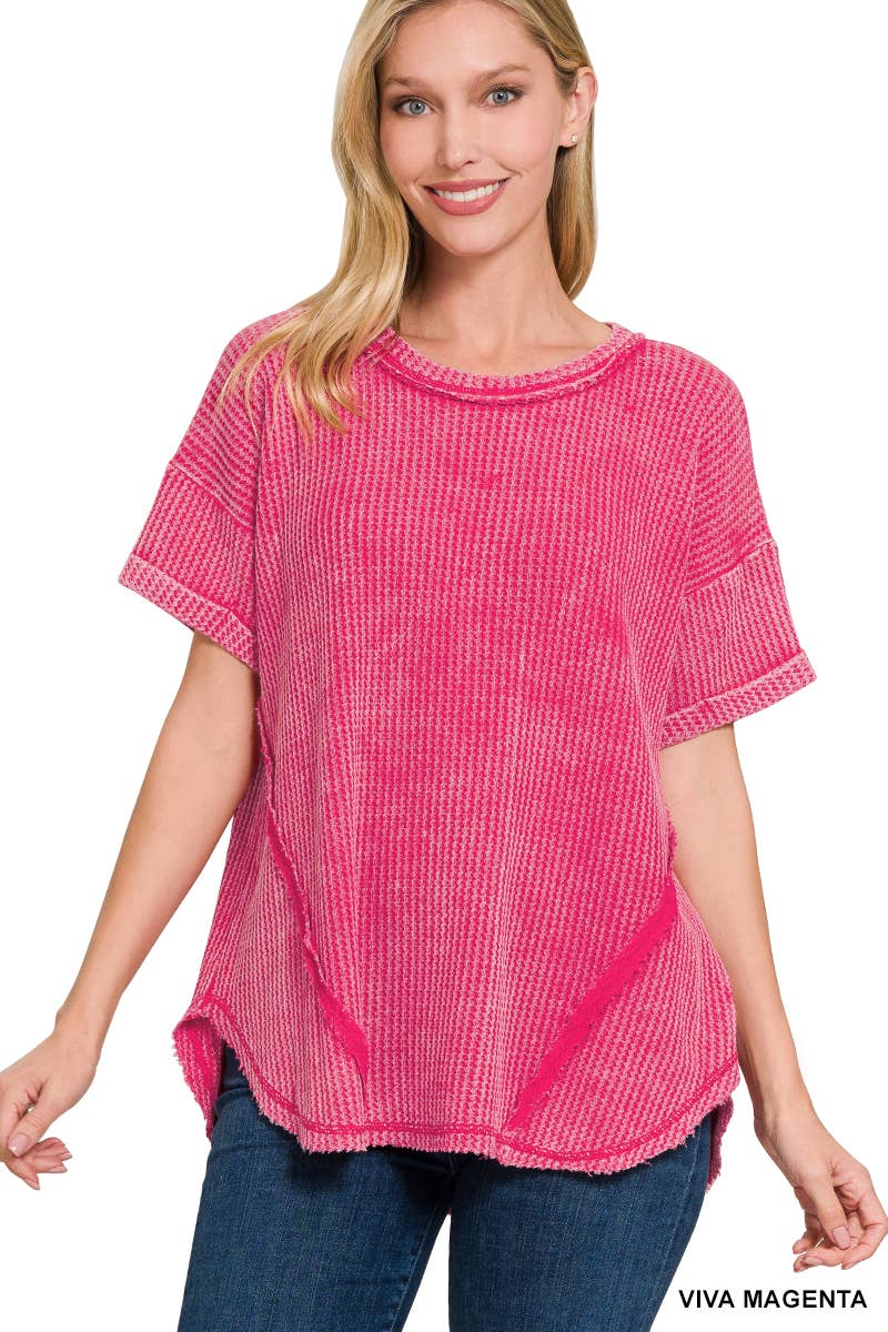 `.Washed Baby Waffle Top w/ back patch: DEEP SKY-162396 / L/XL