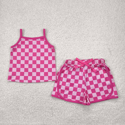 Baby Girls Pink Strap Plaid Top Short Sports Sets: 4T