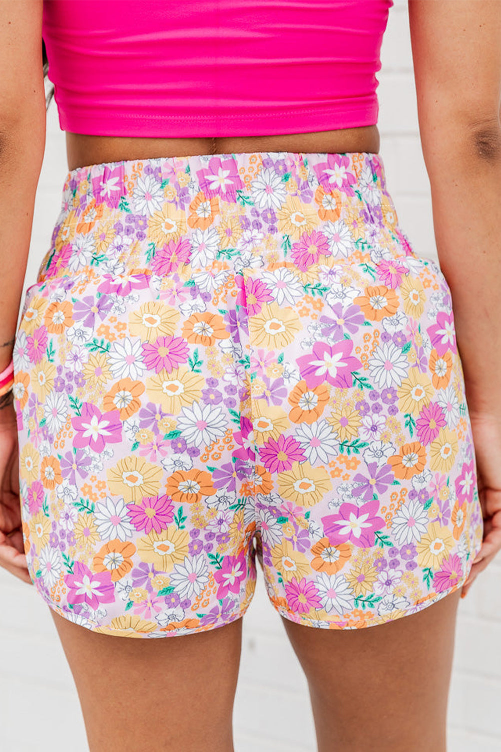 Orange Retro Floral Shirred High Waist Athletic Shorts