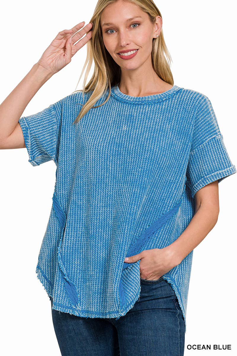 `.Washed Baby Waffle Top w/ back patch: DEEP SKY-162396 / L/XL