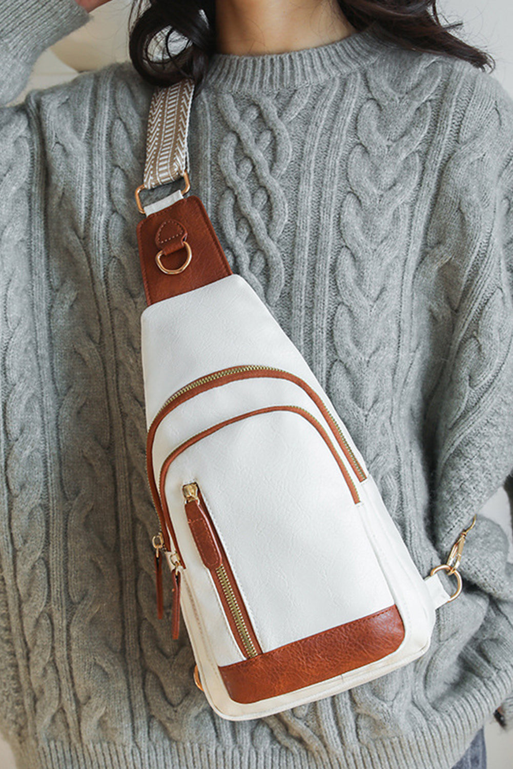 Beige Vintage PU Leather Zipped Crossbody Bag