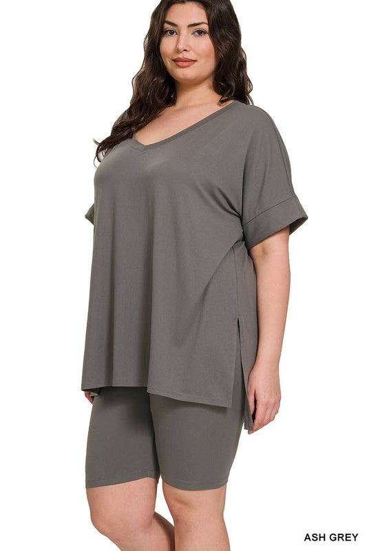 SI-19985 Plus size Hi Low Hem Top & Biker Shorts 2pc Set: +ASHGREY-139919 / 2X