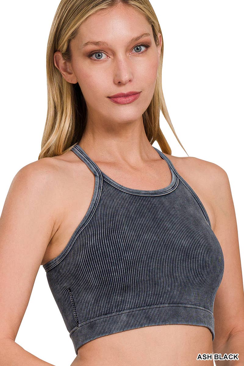 ".....Washed Seamless Halter Crop Tank: BLACK-151939 / S/M