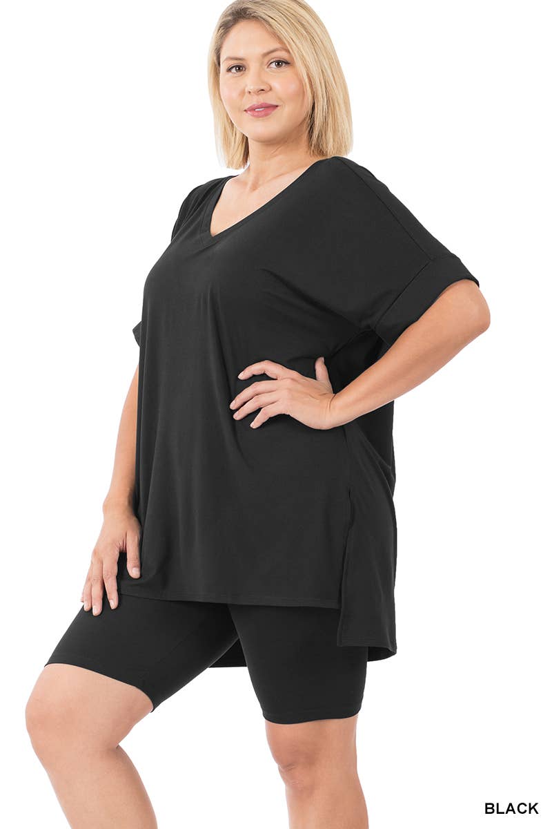 SI-19985 Plus size Hi Low Hem Top & Biker Shorts 2pc Set: +ASHGREY-139919 / 1X